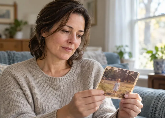 Woman reflecting on childhood trauma while holding a faded photo of a young girl standing in a grassy field.